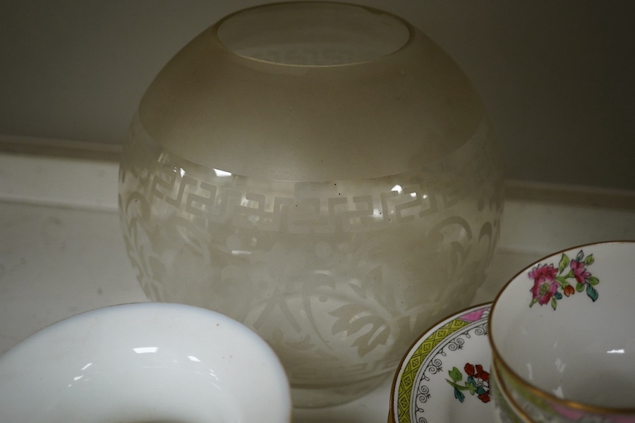 A Bristol blue glass dump, a wheatsheaf carved bread board and bread knife, three ornate glass shades and a Copeland Spode china tea set, bread board 30.5 cm diameter. Condition - dump, tea set good, shades chipped and b